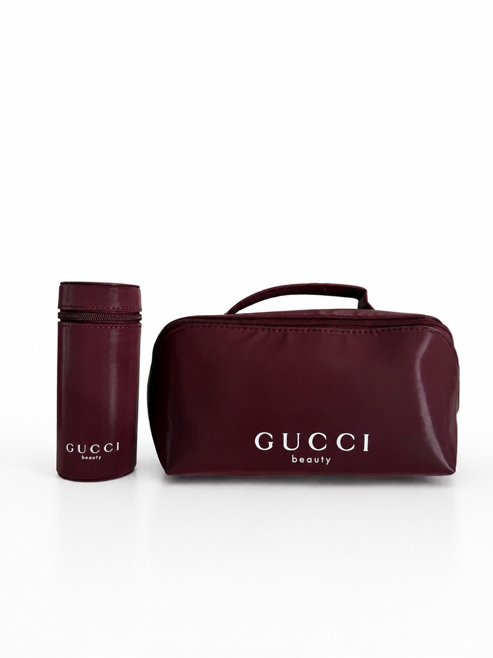 Gucci Beauty  Burgundy Travel Toiletry Set with three makeup brushes
